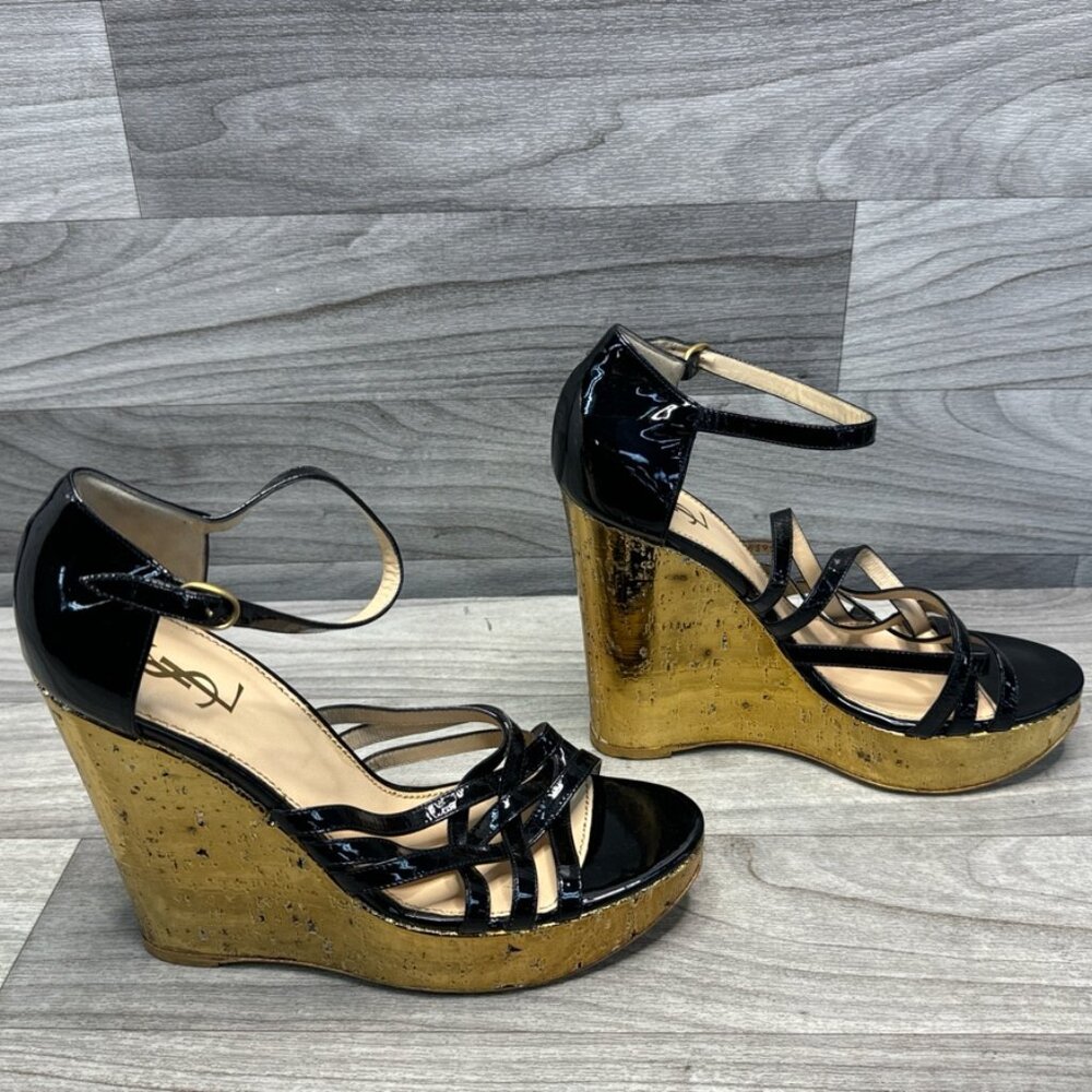 Yves Saint Laurent Black Patent Leather Gold Wedges, Size 42 (US 11)